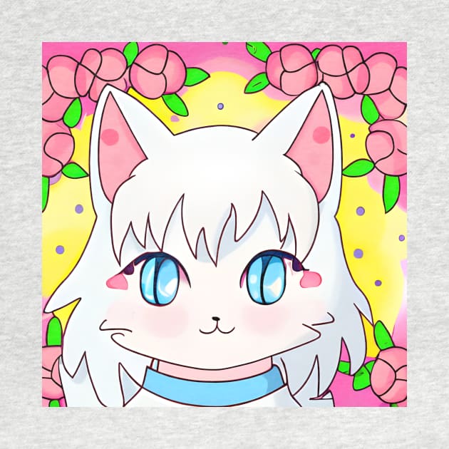 Anime White Cat With Flowers by withdiamonds